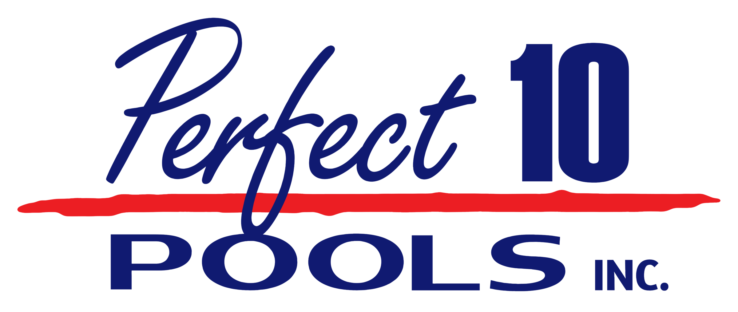 Stylized text logo reads "Perfect 10 Pools Inc." in blue with a red underline, conveying a polished business identity.