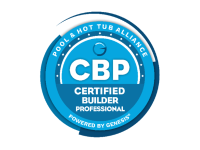 Circular blue logo for "Certified Builder Professional," by Pool & Hot Tub Alliance, powered by Genesis, featuring white text and graphic elements.