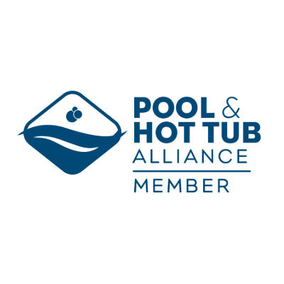 Logo featuring stylized pool design with water waves and bubbles. Text reads “Pool & Hot Tub Alliance Member” in blue against a white background.