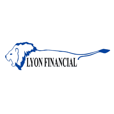 White and blue logo featuring an outlined lion alongside the text "Lyon Financial." The lion's tail extends horizontally to the right.