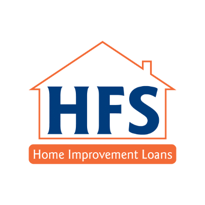 Logo depicting a house outline with "HFS" inside. Beneath, an orange rectangle with "Home Improvement Loans." Simple, modern design for financial services.