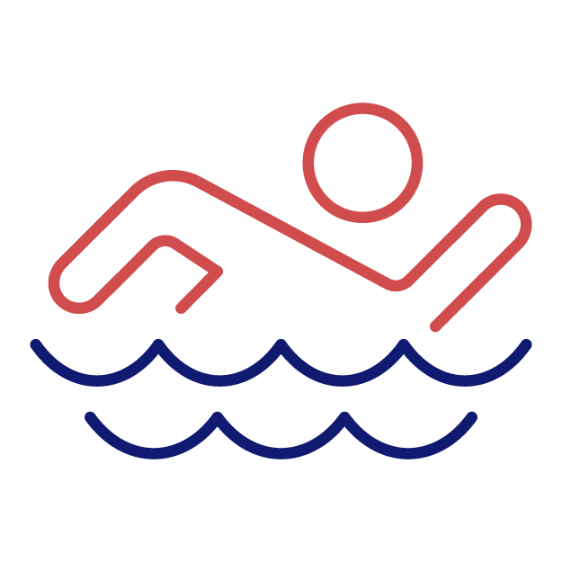 Stylized illustration of a person swimming, with red and blue lines representing the swimmer and water waves, respectively.