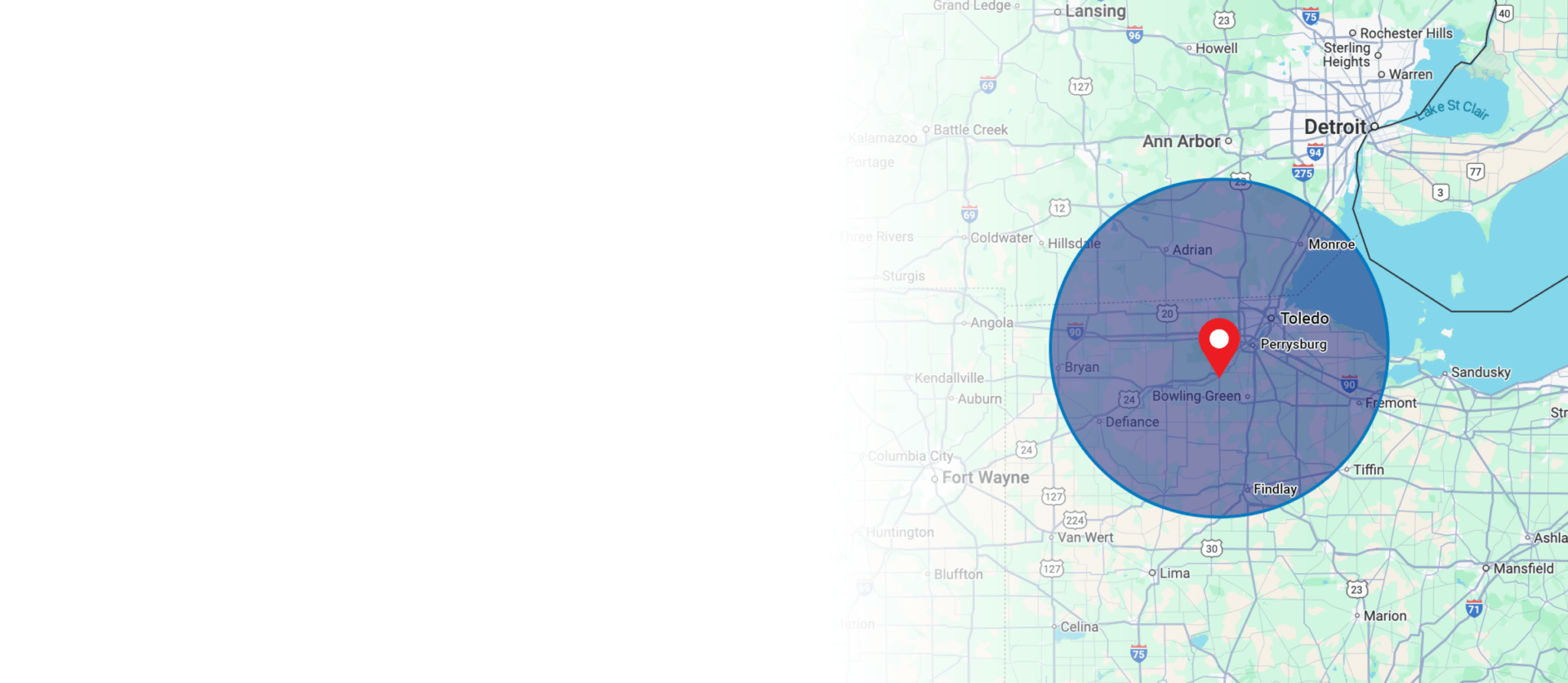 Map highlighting an area near Toledo, Ohio, showing surrounding cities like Ann Arbor, Detroit, and Fort Wayne. Blue circle with red marker.