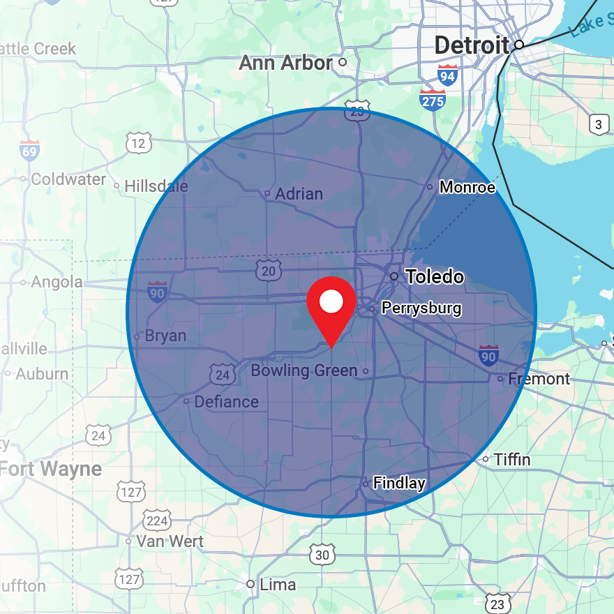 Map showing a pin near Toledo, Ohio, with a highlighted circular area, also displaying nearby cities and highways, including Detroit and Ann Arbor.