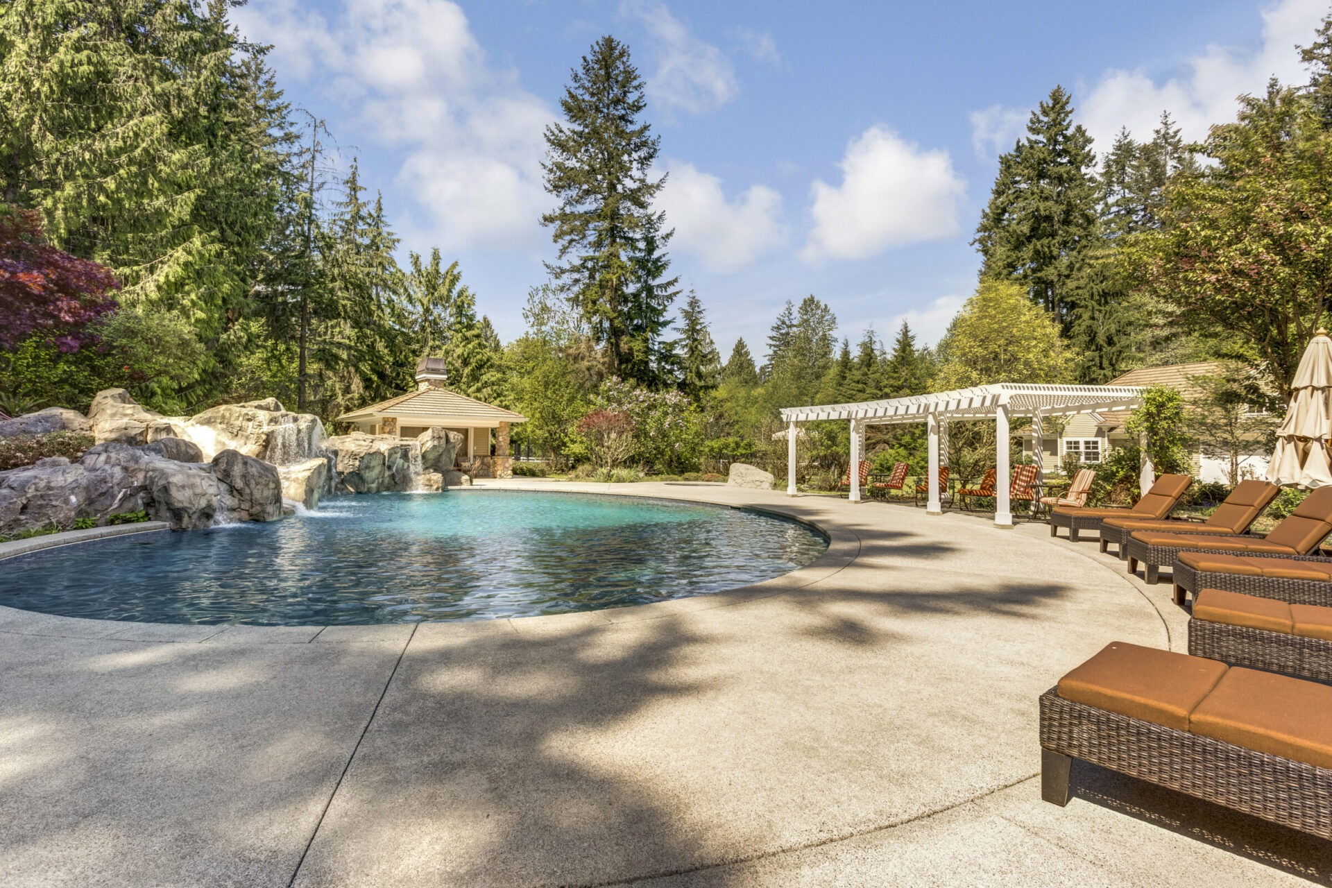 Beautifully landscaped backyard with a large pool, loungers and pergola.