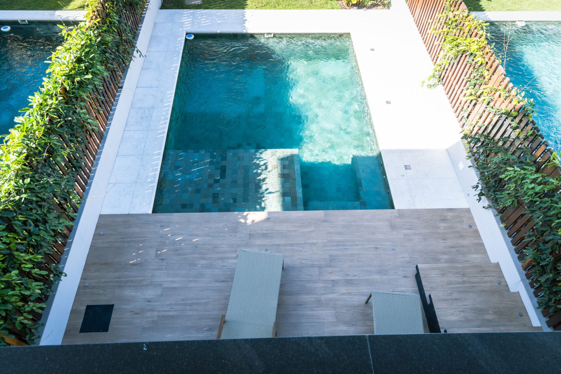 Modern rectangular plunge pool viewed from above, with mosaic tile steps and turquoise water, bordered by white pavers and wooden decking. Two lounge chairs sit poolside near vertical wooden slat fencing covered in lush climbing plants.